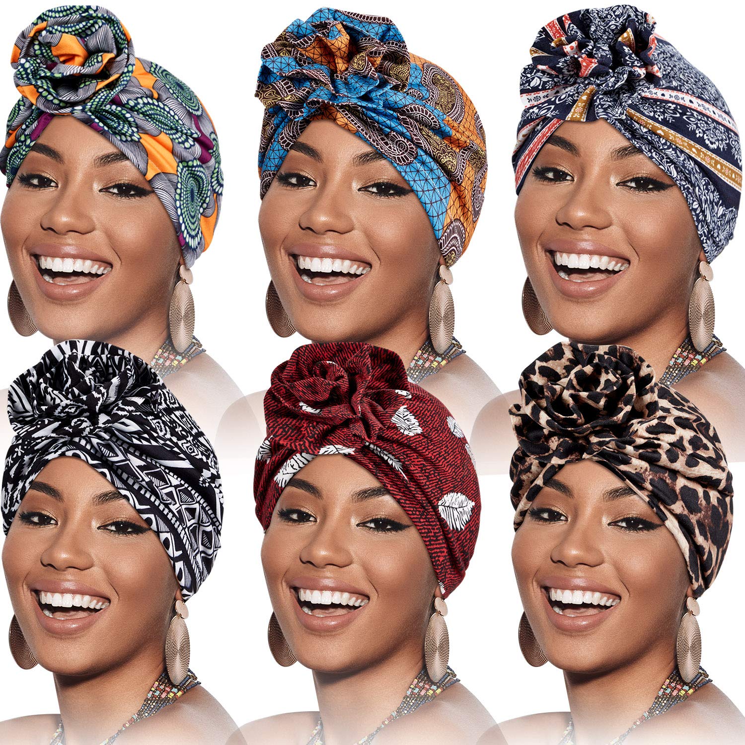 SATINIOR 6 Pieces Women Turban Flower African Pattern Headwrap Sleep Beanie Pre-Tied Bonnet Elastic Knot Cap