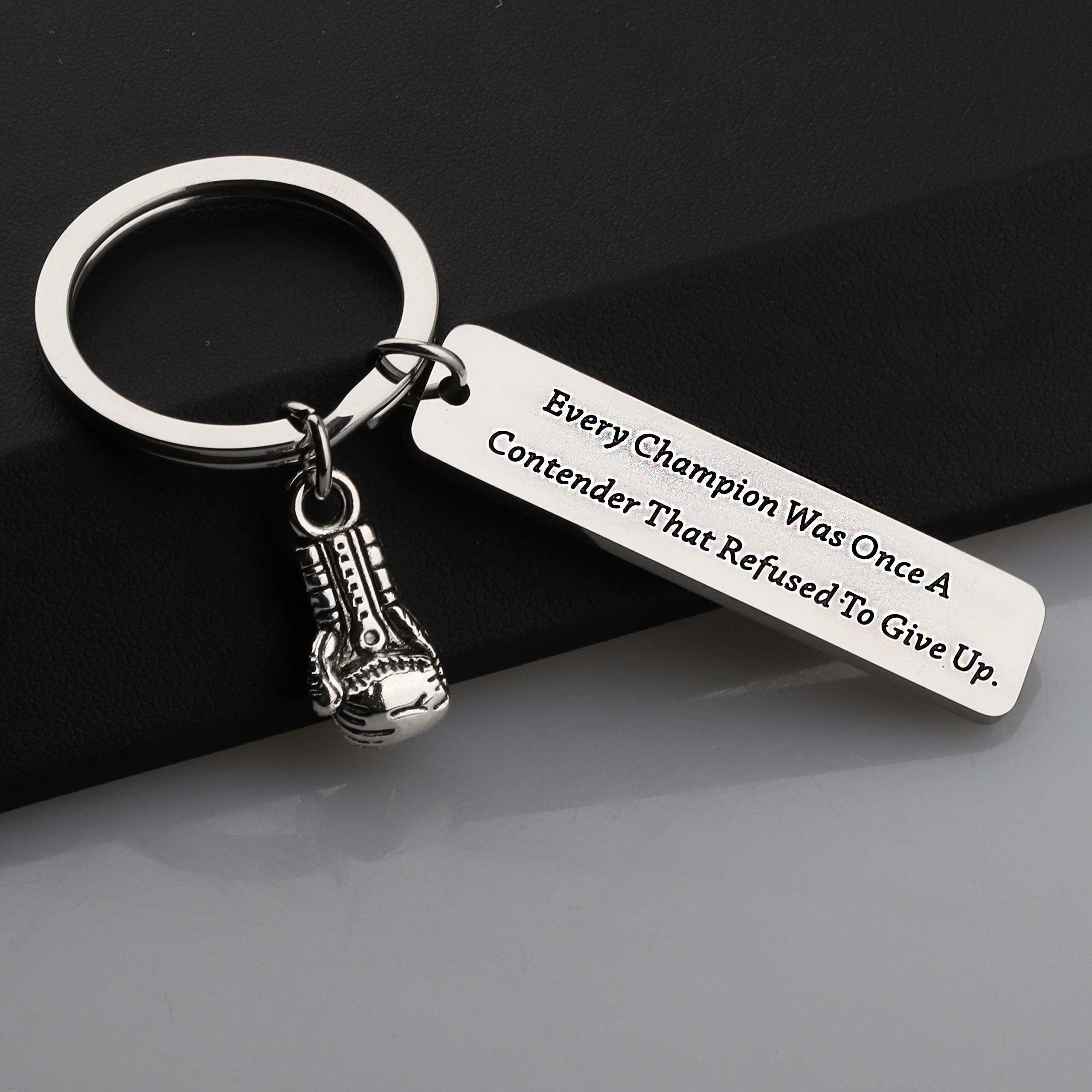 BEKECH Boxing Keychain Every Champion was Once A Contender That Refused to Give Up Boxing Gloves Keychain Fitness Jewelry Gift for Boxing Lovers Althetes(silver)