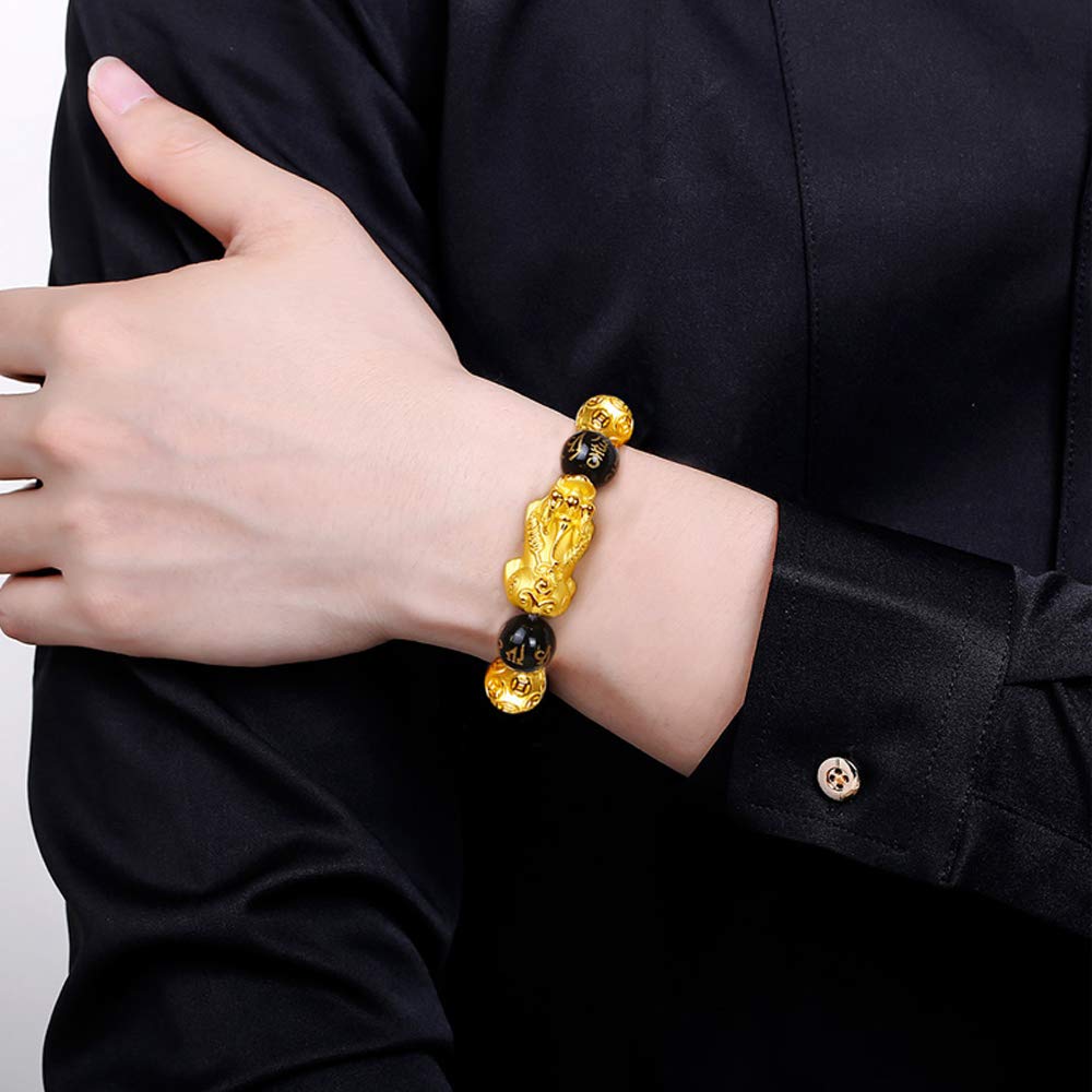 SOOWOOT 3Pcs Feng Shui Black Obsidian Bracelets Set - Good Luck Amulet Dragon Lucky Charm Pi Xiu Pi Yao Attract Wealthy bracelets for women men