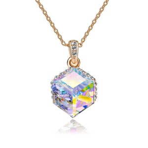 EVEVIC Color Changing Cubic Austrian Crystal Pendant Necklaces for Women 14K Gold Plated Hypoallergenic Jewelry (Aurora Borealis)