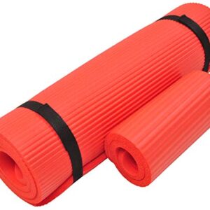 Signature Fitness 1/2-Inch Extra Thick High Density Anti-Tear Exercise Yoga Mat with Knee Pad and Carrying Strap, Red