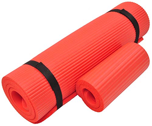 Signature Fitness 1/2-Inch Extra Thick High Density Anti-Tear Exercise Yoga Mat with Knee Pad and Carrying Strap, Red