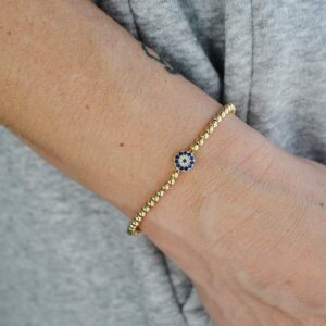 Anela 14kt Gold Filled Round Evil Eye Pendant Bracelet, Good Luck Eye, Stretch and Stackable Bracelet, Good Luck Eye, Blue Eye Bracelet, Hand Made in USA