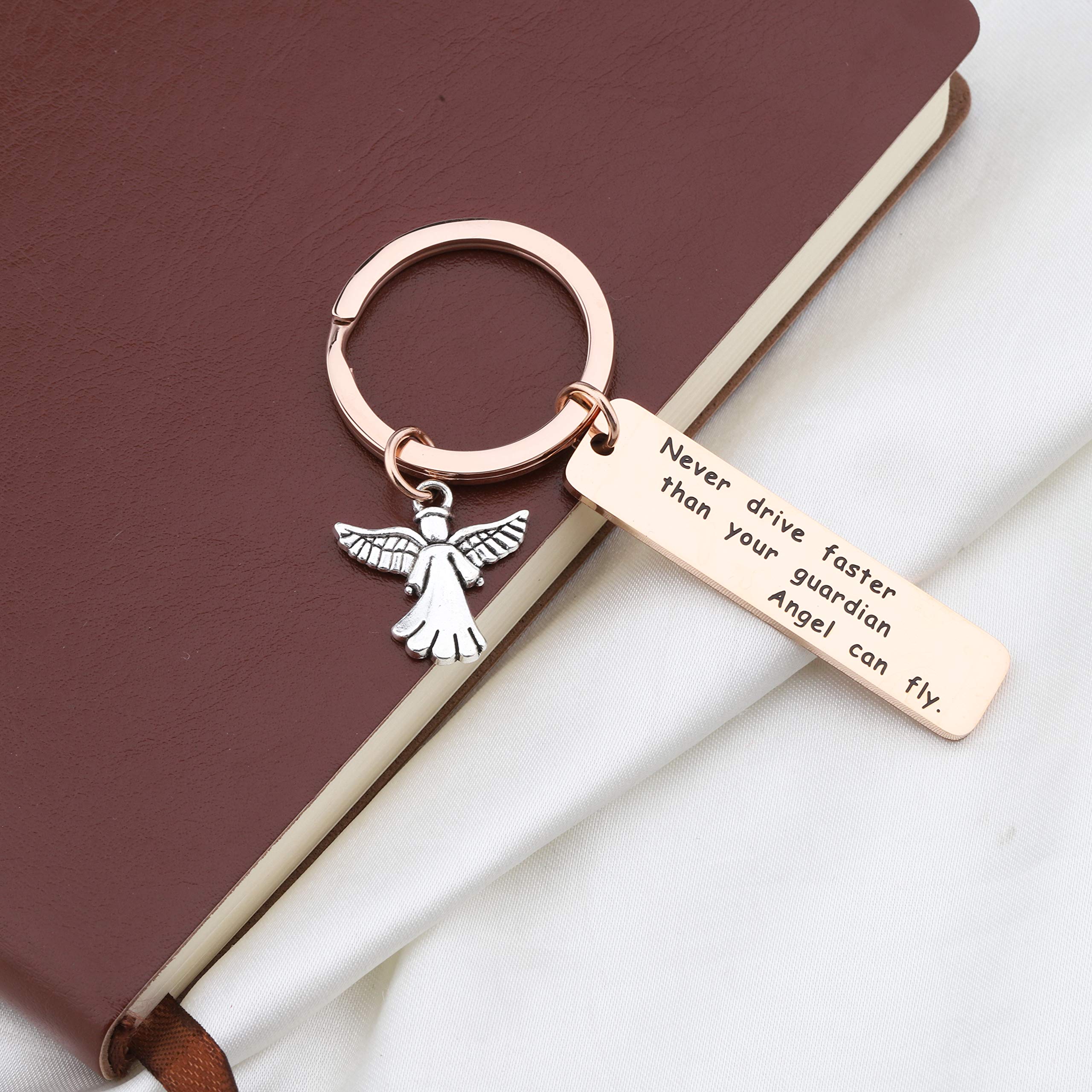 PLITI Never Drive Faster Than Your Guardian Angel Can Fly Keychain Guardian Angel New Driver Driving License Key Chain Father’s Day Gift (ECI Never drive RG)