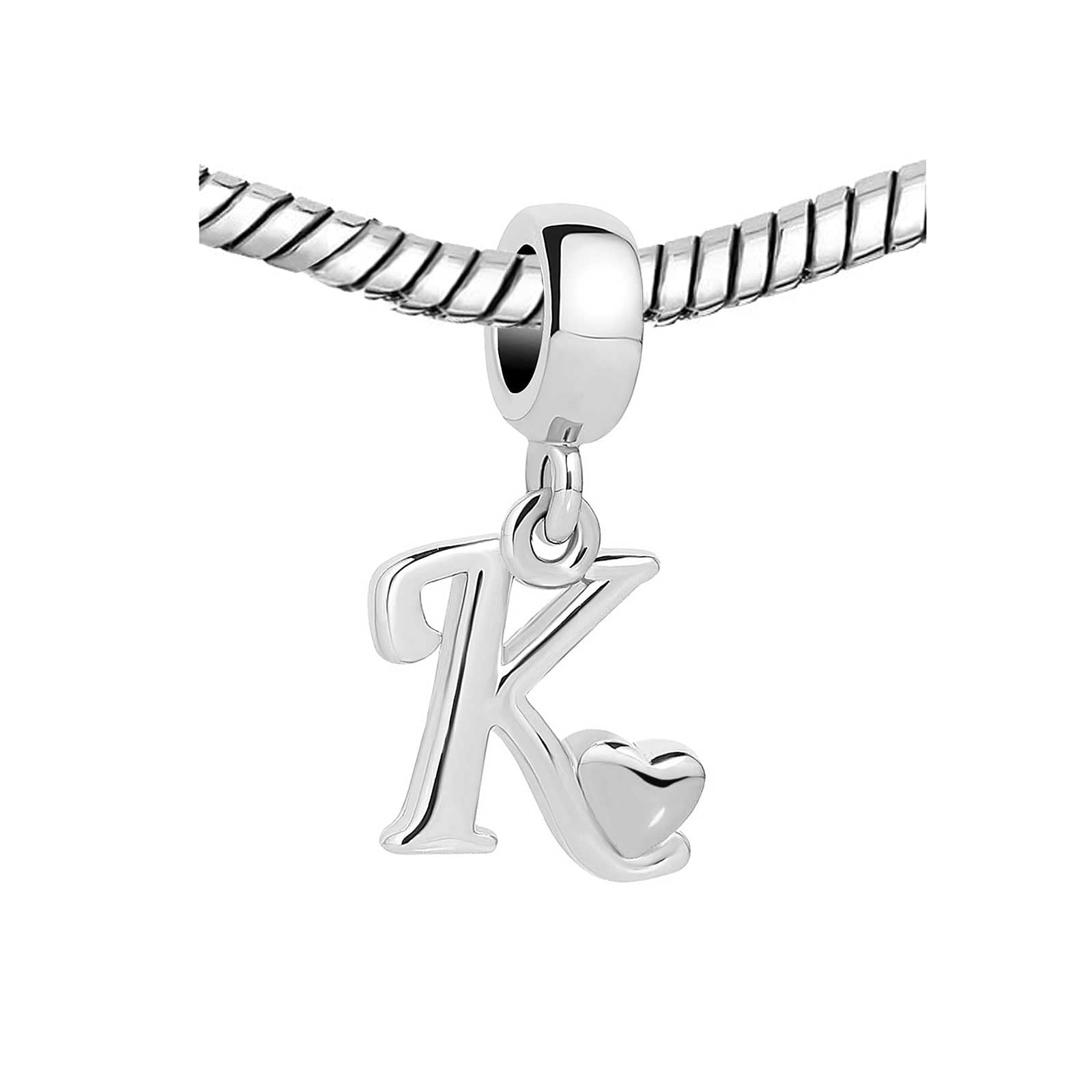 KunBead Initials K Letter Alphabet Love Heart Birthday Dangle Charm Compatible with Pandora Bracelet for Women