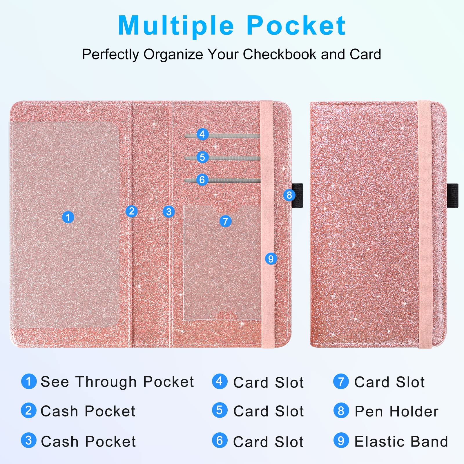 ACdream Checkbook Cover, Leather RFID Blocking Check Book Wallet, Protective Premium Business and Personal Duplicate Checks Holder, with Credit Card Slot for Women Men, Glitter Rose Gold