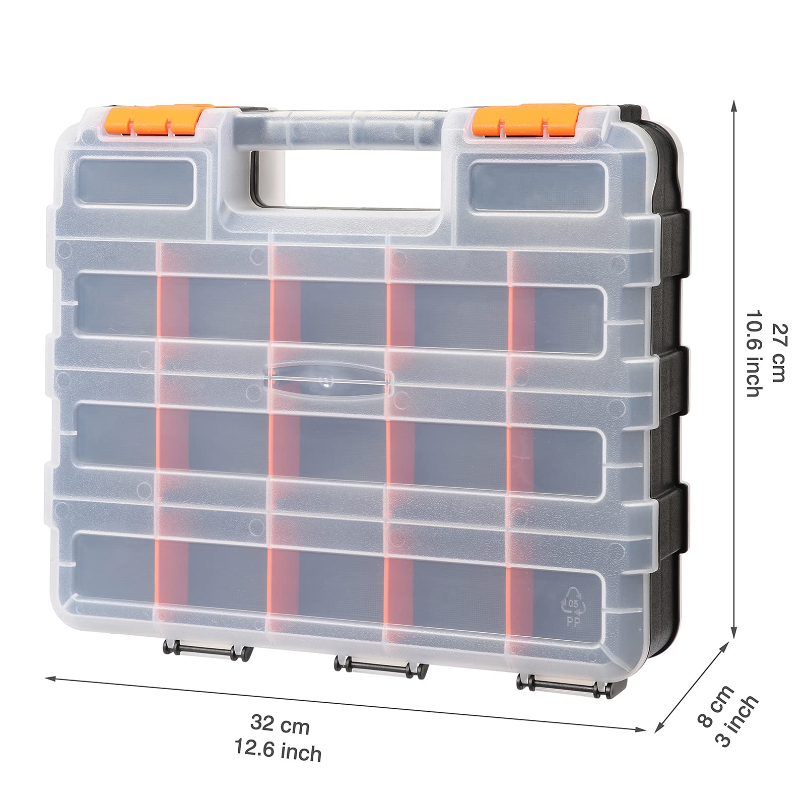 CASOMAN Double Side Tool Organizer with Impact Resistant Polymer and Customizable Removable Plastic Dividers, Hardware Box Storage, Excellent for Screws,Nuts,Small Parts, 34-Compartment, Black/Orange