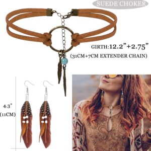 Jstyle Jewelry Set for Women, Feather Headdress Dangle Earrings Leather Suede Choker Necklace Bracelet Hippie Bohemian Retro Jewelry A