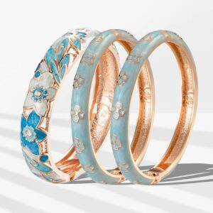 UJOY Fashion Cloisonne Bangle Jewelry Hollowed Rose Handmade Enamel Gifts Cuff Open Bracelet Bangles for Women Gilrs 88A11 3pcs-blue