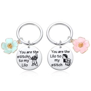 Stitch and Lilo Inspired Keychain Gift - You are The Lilo to My Stitch Keychains Cosplay Stich Jewelry Blue Pink Hibiscus Flowers Key Chains for Fans Collectors Friends Bestie BFF Keyring (2 Pack)