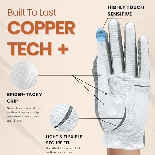 Copper Tech Plus Women's Golf Gloves with Ball Marker - Ladies Golf Gloves with 100% AAA Synthetic Leather - Wrist Support & Breathability - Golf Gloves Left Handed Golfer (Hand Orientation: Right)