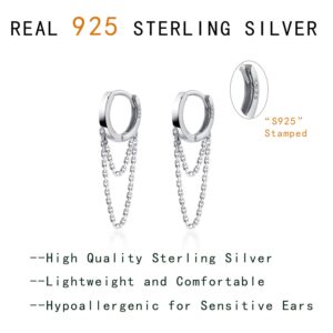 Reffeer 925 Sterling Silver Tassel Chain Drop Dangle Small Hoop Earrings Huggie for Women Teen (Silver)