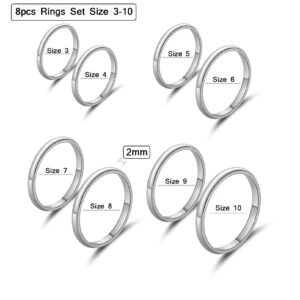 8 PCS Silver Ring Set Titanium Stainless Steel Band Rings for Women Teen Girls Cute 2mm Cute Small Stacking Finger Rings for Knuckle Size 3-10