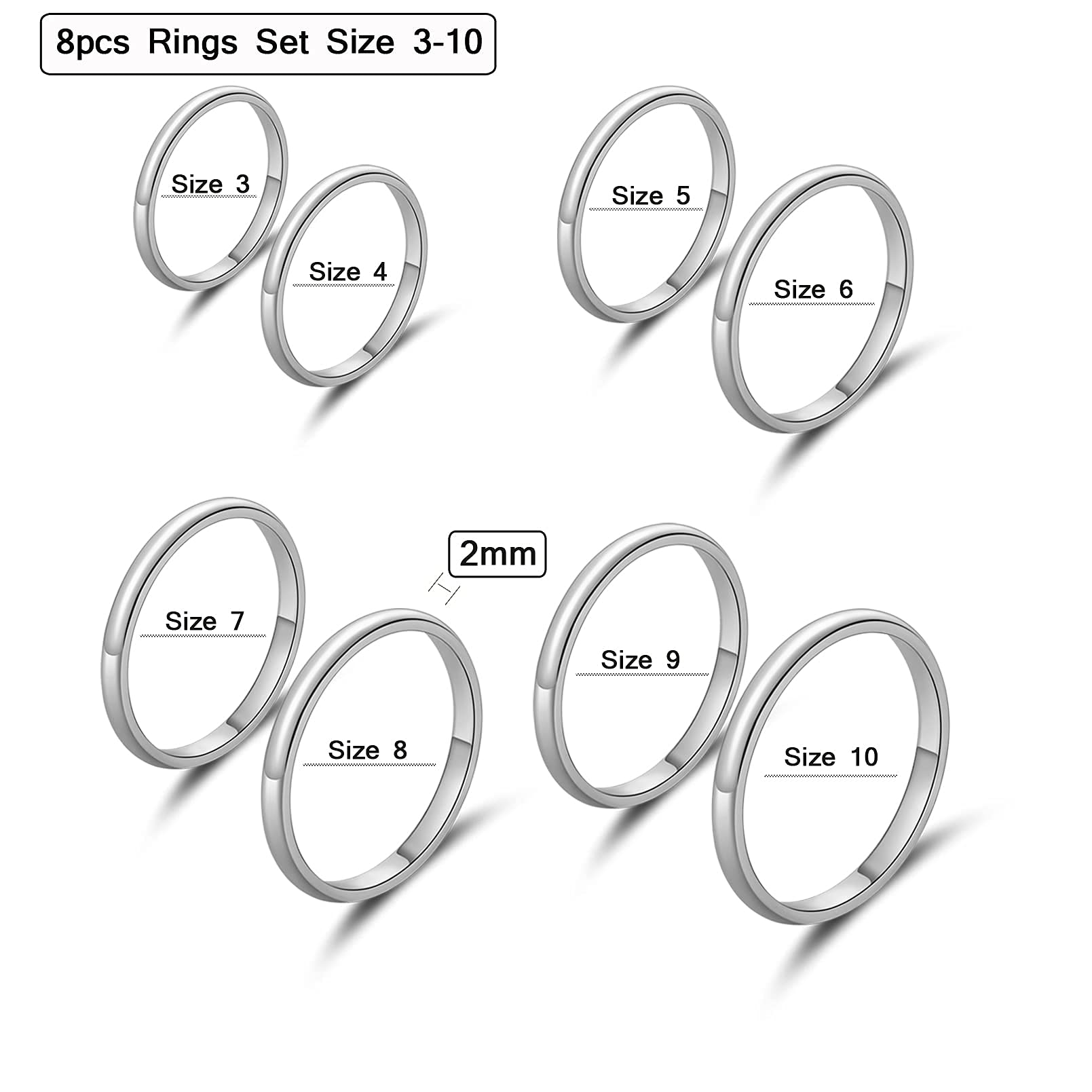 8 PCS Silver Ring Set Titanium Stainless Steel Band Rings for Women Teen Girls Cute 2mm Cute Small Stacking Finger Rings for Knuckle Size 3-10