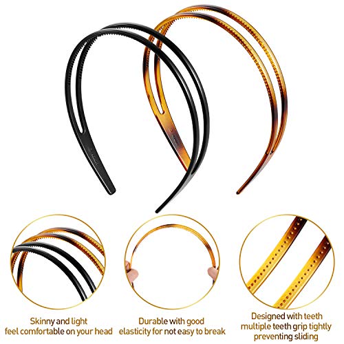 WILLBOND 4 Pieces Plastic Headbands Teeth Comb Hairbands Double Row Headwear Non-Slip Hair Hoop Accessory for Women Favors(Black, Brown)