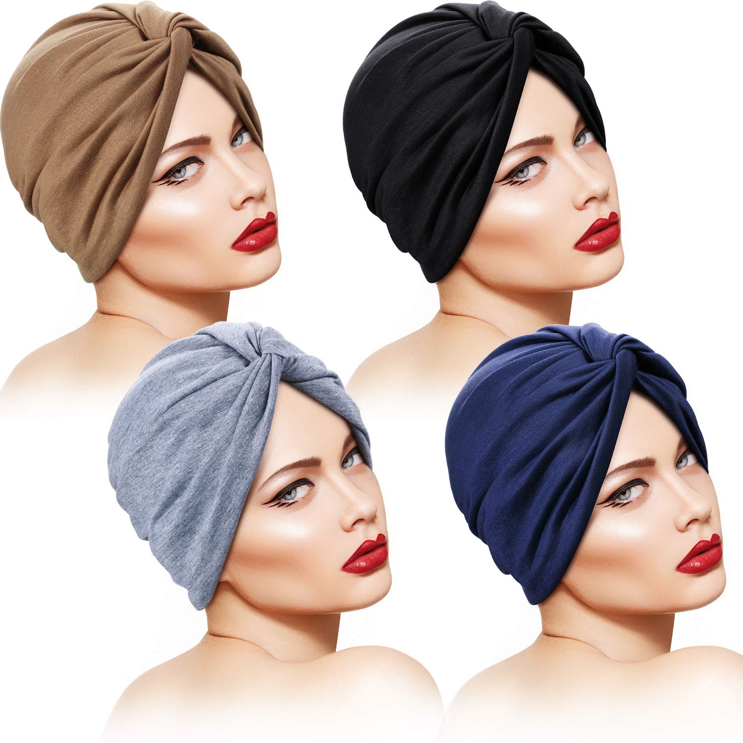 SATINIOR 4 Pieces Turbans for Women Soft Pre Tied Knot Fashion Pleated Cancer Turban Cap Chemo Headwrap Sleep Hat, 4 Colors (Black, Khaki, Navy Blue, Gray)