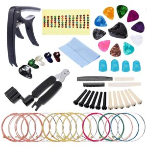 RIMLUFE acoustic guitar strings acoustic set music accessories replacement kit winder cutter finger picks holder variety pack starter tuning pegs tool repair kit parts for beginners capo 6 string set