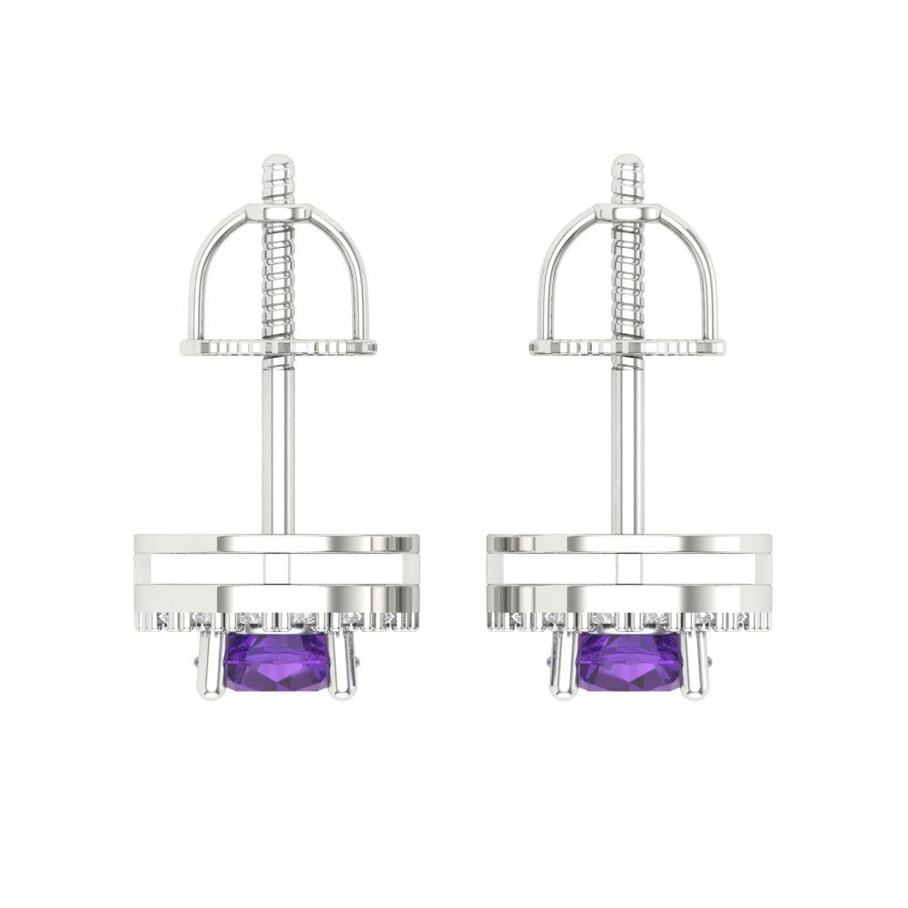 Clara Pucci 1.5ct Round Cut Halo Solitaire Natural Amethyst Unisex Designer Solitaire Stud Screw Back Earrings Solid 14k White Gold