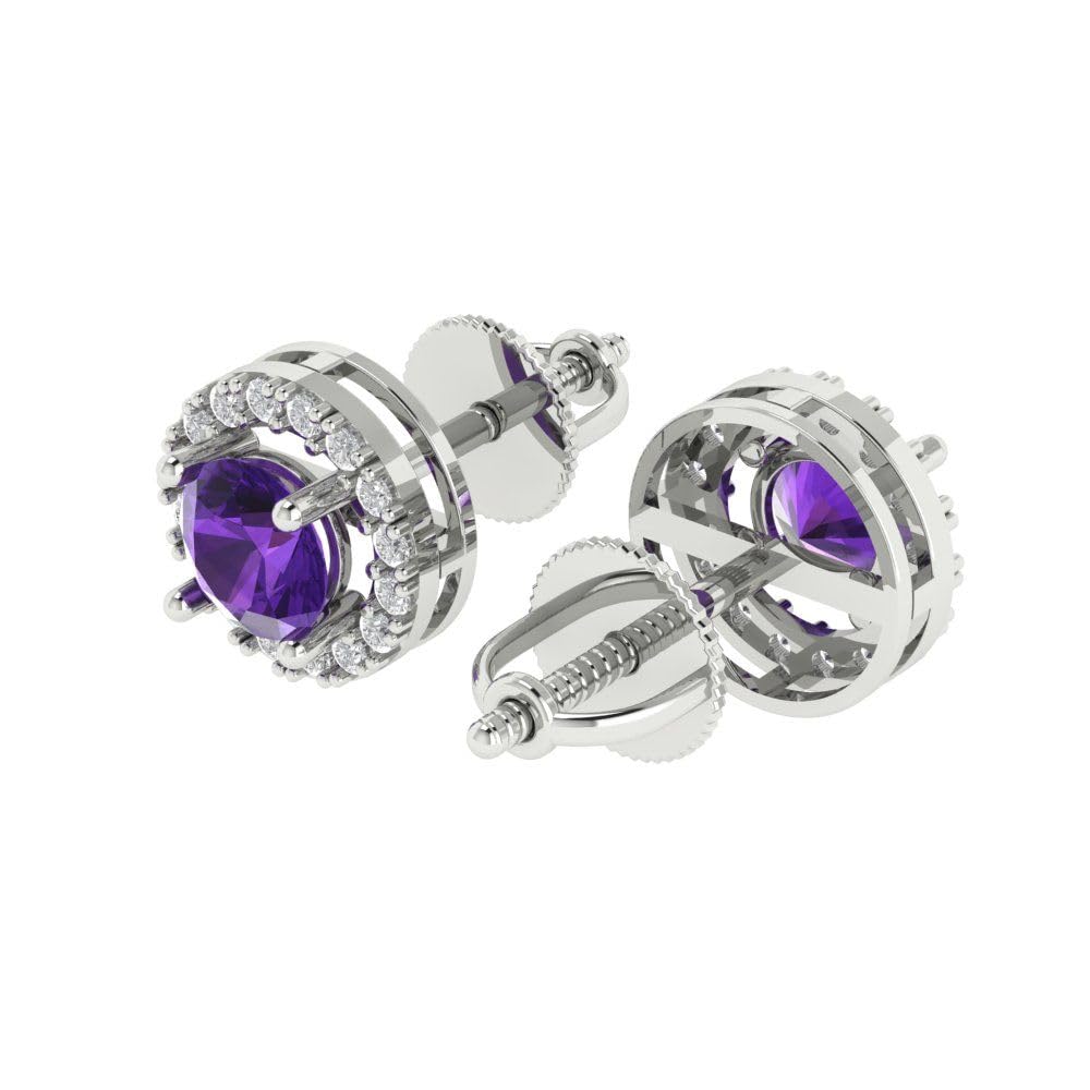 Clara Pucci 1.5ct Round Cut Halo Solitaire Natural Amethyst Unisex Designer Solitaire Stud Screw Back Earrings Solid 14k White Gold