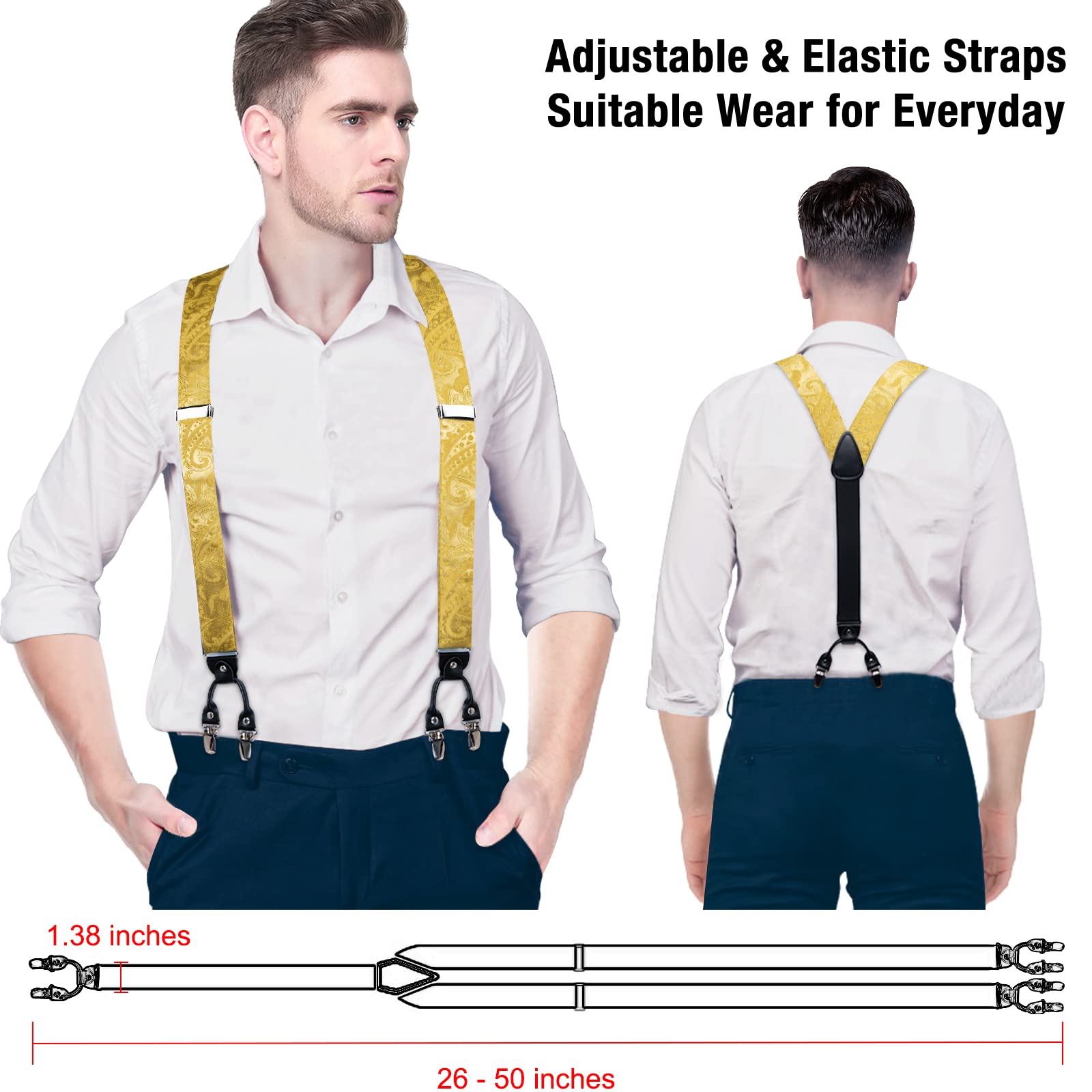 DiBanGu Gold Paisley Suspenders for Men Y-Shape Adjustable Suspenders Bowtie Pocket Square Cufflinks Clip Brace