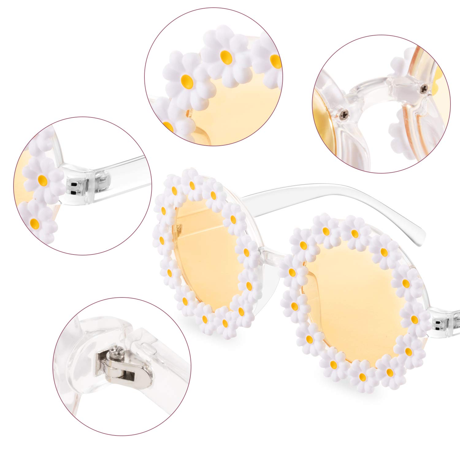 2 Pairs Daisy Flower Sunglasses for Women Round Flower Glasses for Adult kids Decor with Glasses Cloth Flannel Bag (Grey, Yellow)