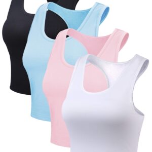 Boao 4 Pieces Basic Crop Tank Tops Sleeveless Racerback Crop Top for Women (Black, White, Blue, Pink, Large)