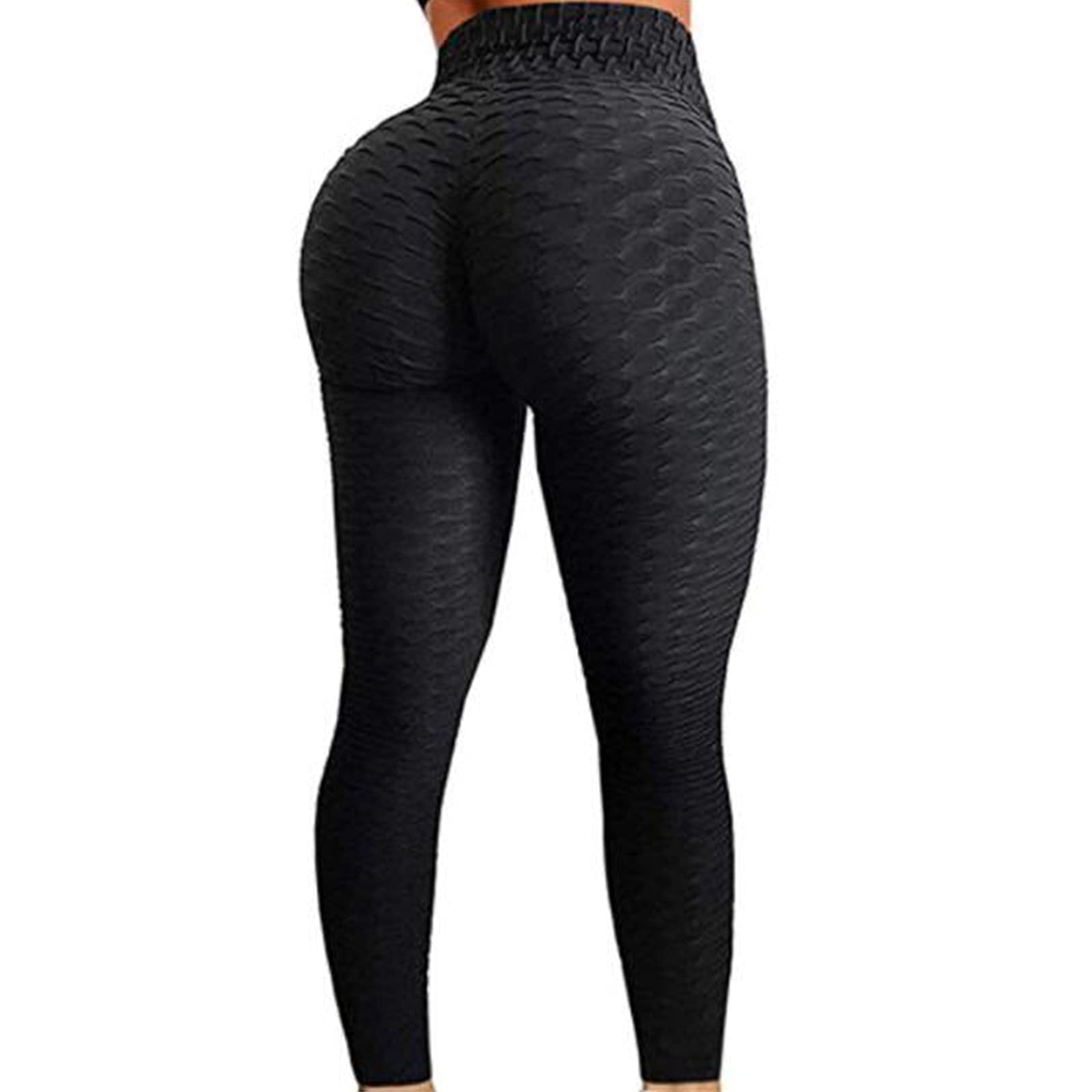 FITTOO Womens High Waist Textured Workout Leggings Booty Scrunch Yoga Pants Slimming Ruched Tights Black 2XL