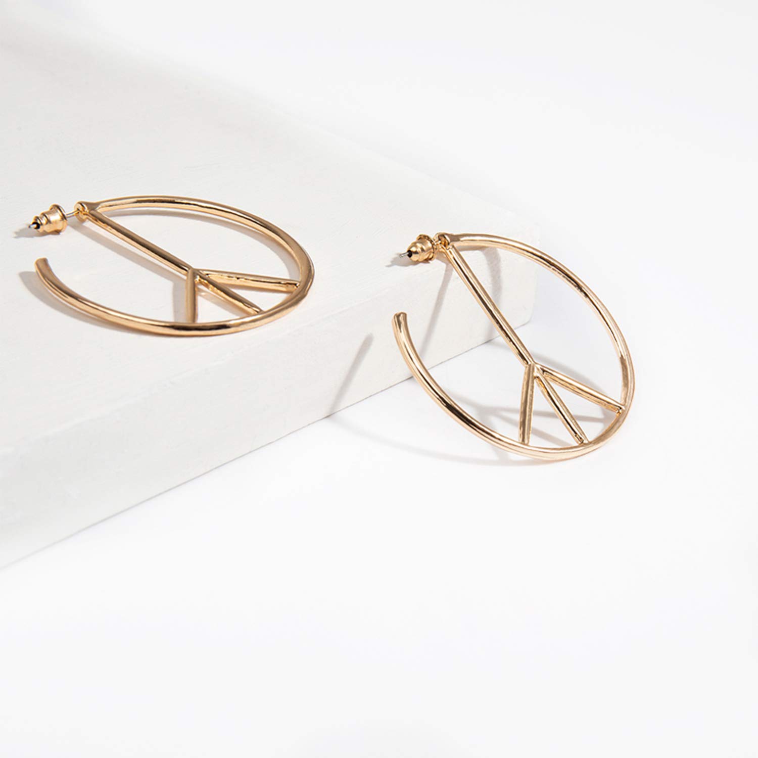 JinYu Peace Sign Symbol Geometric Stud Earrings Jewelry Minimalist Big Round Hoop Statement Earrings for Women (Gold)