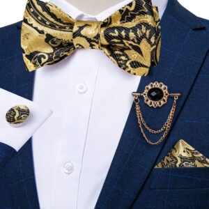 DiBanGu Shiny Black Gold Self Bow Tie for Men Jacquard Woven Paisley Bow Tie Pocket Square Cufflinks Lapel Pin Wedding