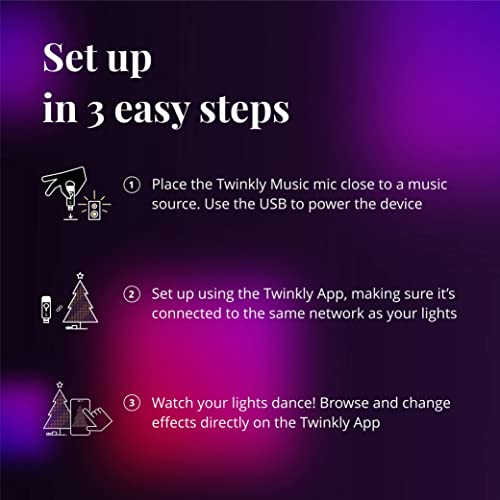 Twinkly Music, Sound Sensor for LED Lights, Bluetooth and Wi-Fi Sensor to Sync with Music and Smart Lights via App, USB Power, Black