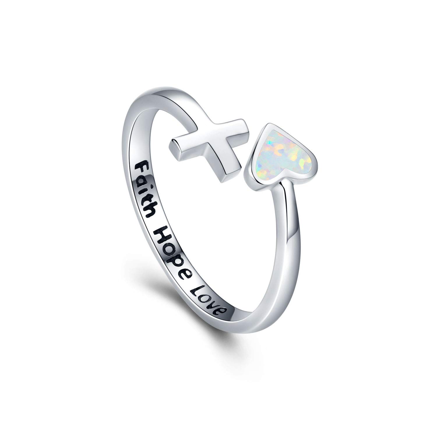 JUSTKIDSTOY S925 Sterling Silver Love Heart Ring Engraved Faith Hope Love Blue/White Open Adjustable Opal Wrap Rings Inspirational Jewelry for Women (White Opal-6)