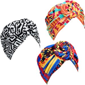 satinior 3 pieces african turban for women knot pre-tied bonnet beanie cap headwrap (black orange pink geometry)