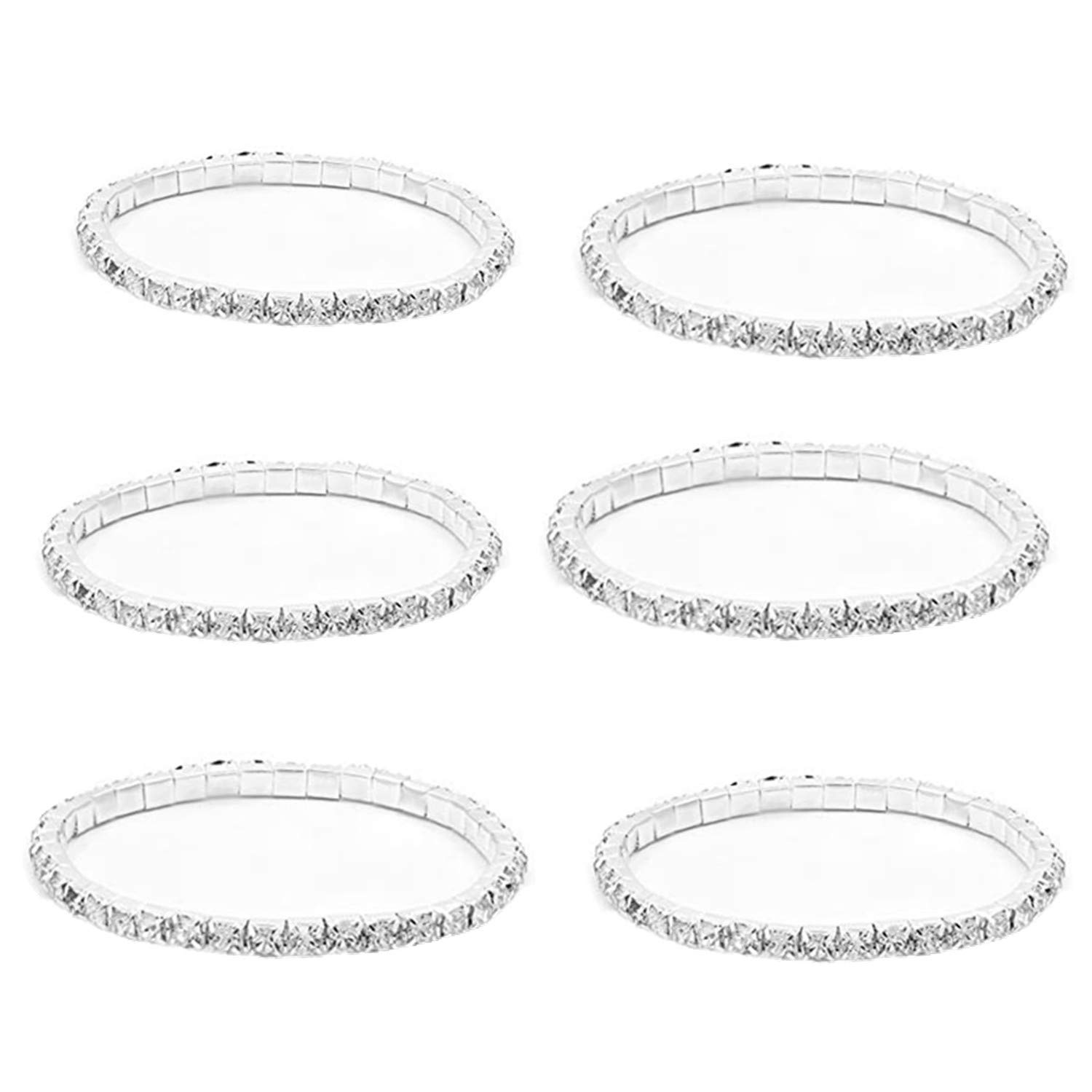 JinYu 6 Pcs Small Rhinestone 1 Rows Crystals Inlaid Paved Jewelry Stretch Elastic Bracelets Sparkle Multicolor Rhinestone Stackable Stretch Bracelets for Women