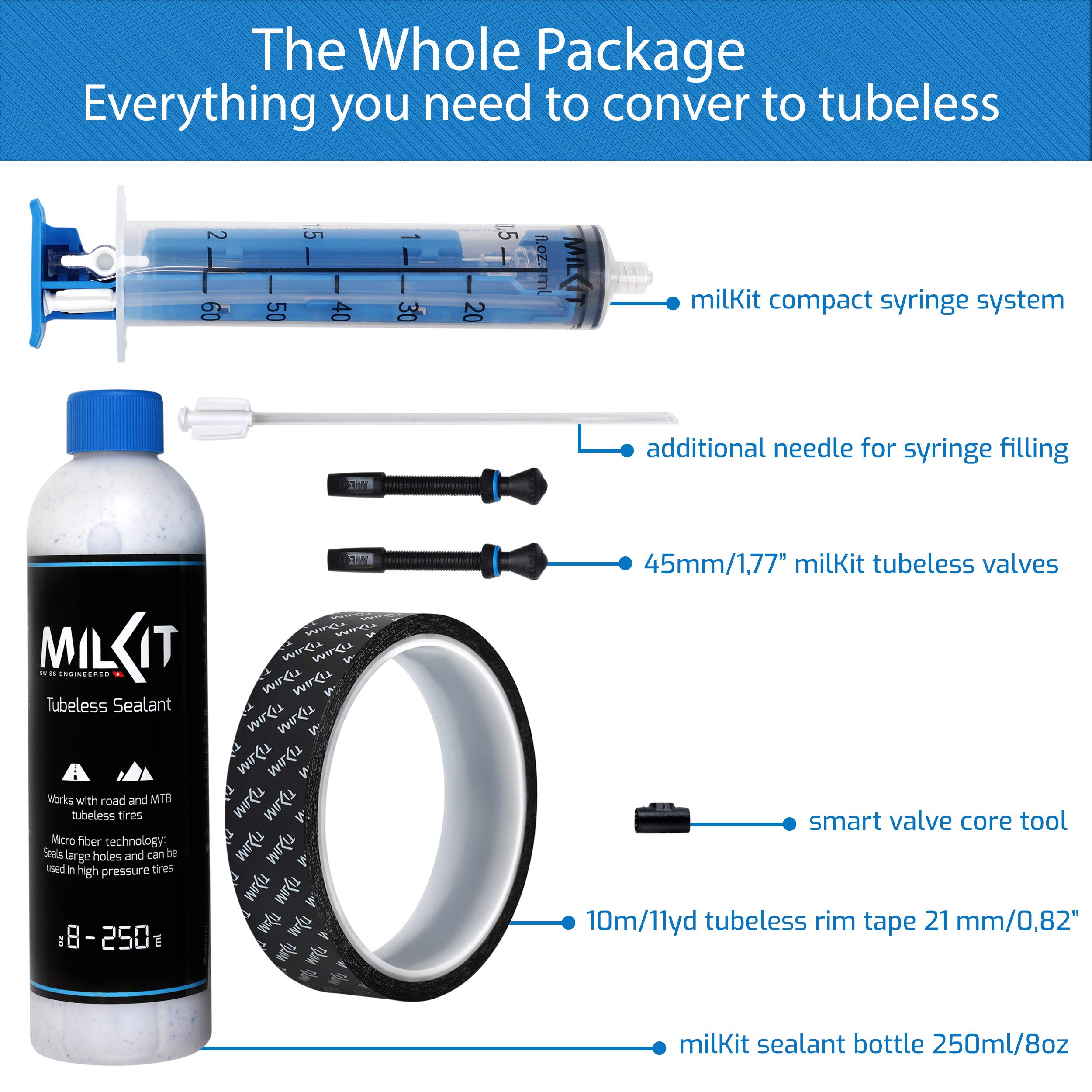 milKit Tubeless Tire Conversion Kit - Bike Tubeless Setup Kit - Sealant Bottle - Sealant Injector - Rim Tape - Valves Pack - Presta Valve Core Removal Tool (45-21)