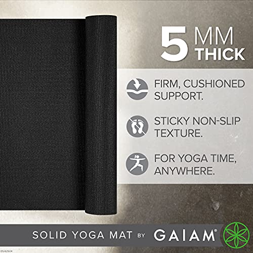 Gaiam Yoga Mat Premium Solid Color Non Slip Exercise & Fitness Mat for All Types of Yoga, Pilates & Floor Workouts, Black, 5mm , 68"L x 24"W x 5mm