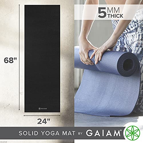 Gaiam Yoga Mat Premium Solid Color Non Slip Exercise & Fitness Mat for All Types of Yoga, Pilates & Floor Workouts, Black, 5mm , 68"L x 24"W x 5mm