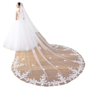 ELAWBTY 1 Tier Floral Lace Wedding Bridal Veil For Bride 3 M White Cathedral Length