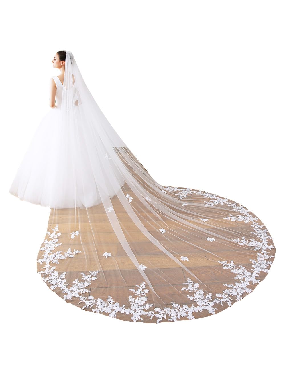 ELAWBTY 1 Tier Floral Lace Wedding Bridal Veil For Bride 3 M White Cathedral Length