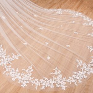 ELAWBTY 1 Tier Floral Lace Wedding Bridal Veil For Bride 3 M White Cathedral Length