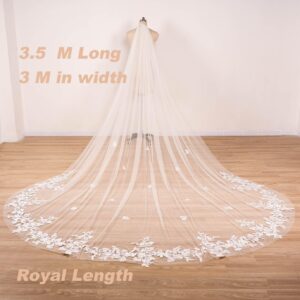 ELAWBTY 1 Tier Floral Lace Wedding Bridal Veil For Bride 3 M White Cathedral Length