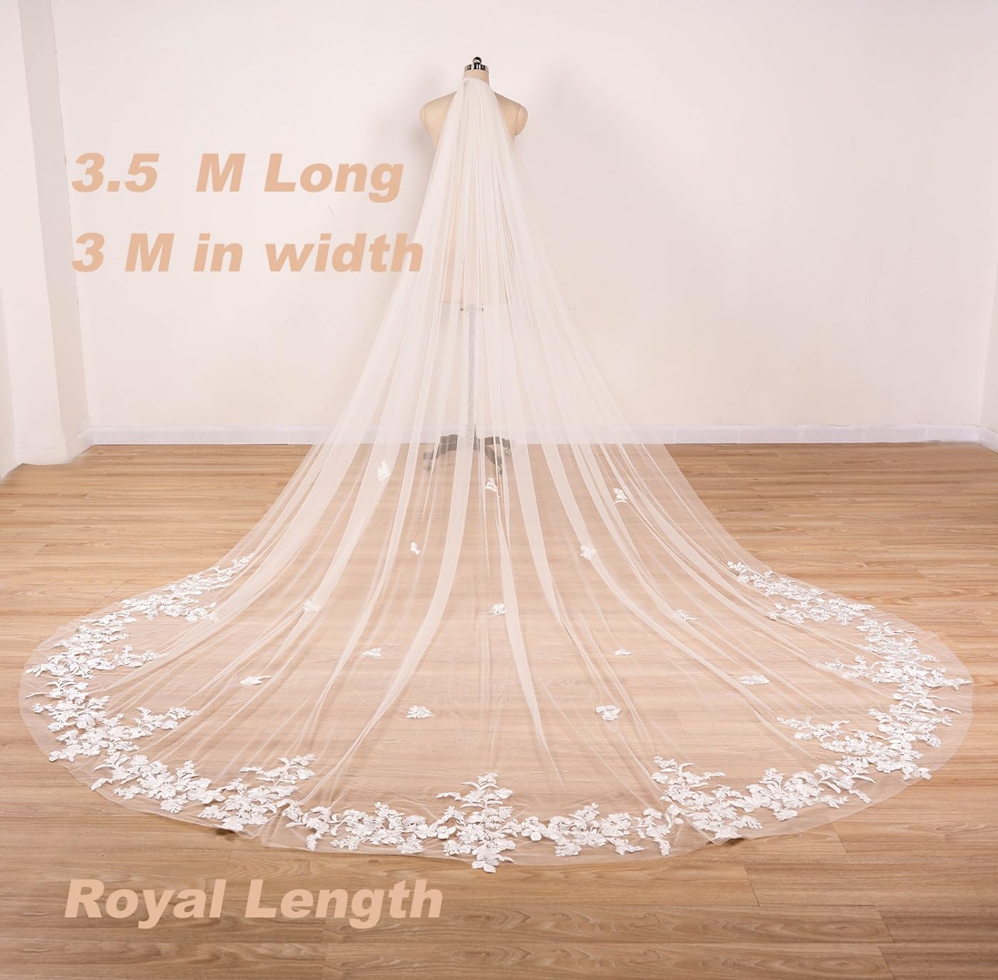 ELAWBTY 1 Tier Floral Lace Wedding Bridal Veil For Bride 3 M White Cathedral Length