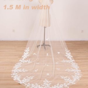 ELAWBTY 1 Tier Floral Lace Wedding Bridal Veil For Bride 3 M White Cathedral Length