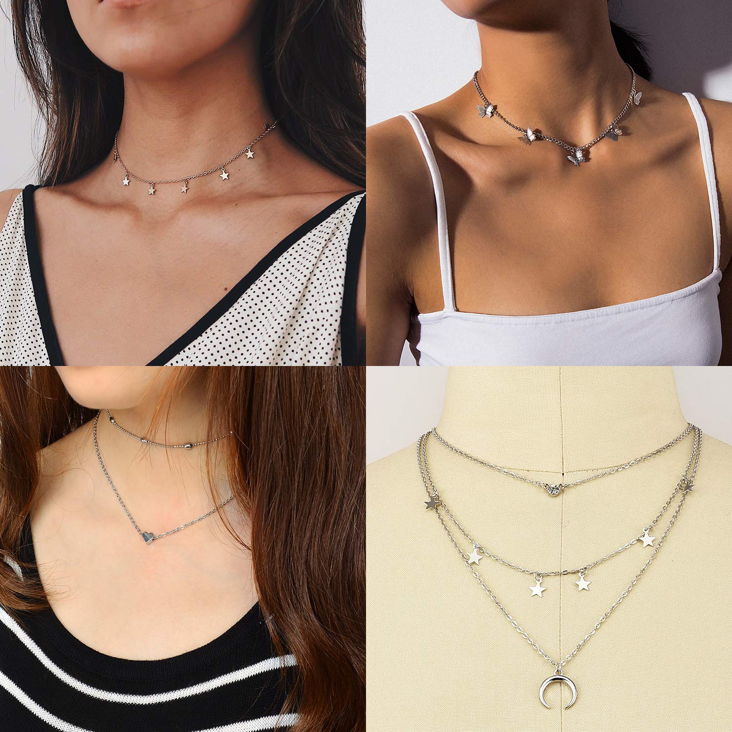 4 Sets Layered Choker Necklace Gold Butterfly Star Moon Heart Pendant Necklace Cute Vsco Multilayer Chain Choker Necklace for women teen girl (Silver 1)