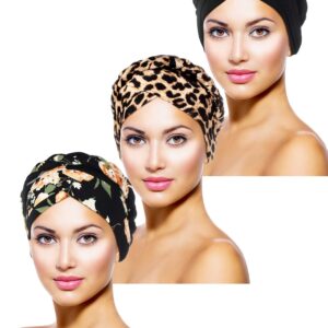 3 Pieces Women Turban Head Wrap Pre-Tied Bonnet Beanie Hat Sleeping Cap Headwrap (Retro Pattern) Multicoloured