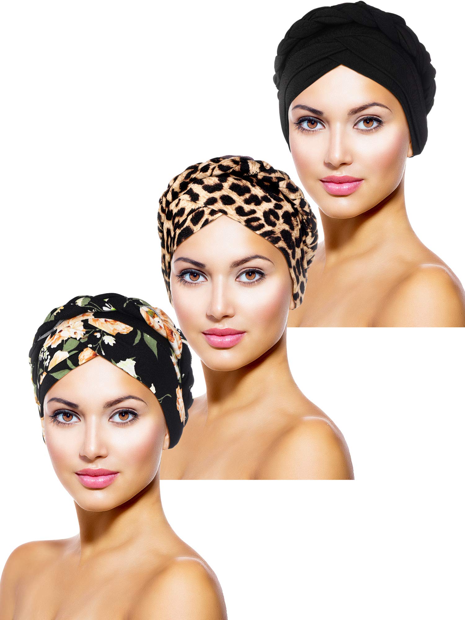 3 Pieces Women Turban Head Wrap Pre-Tied Bonnet Beanie Hat Sleeping Cap Headwrap (Retro Pattern) Multicoloured