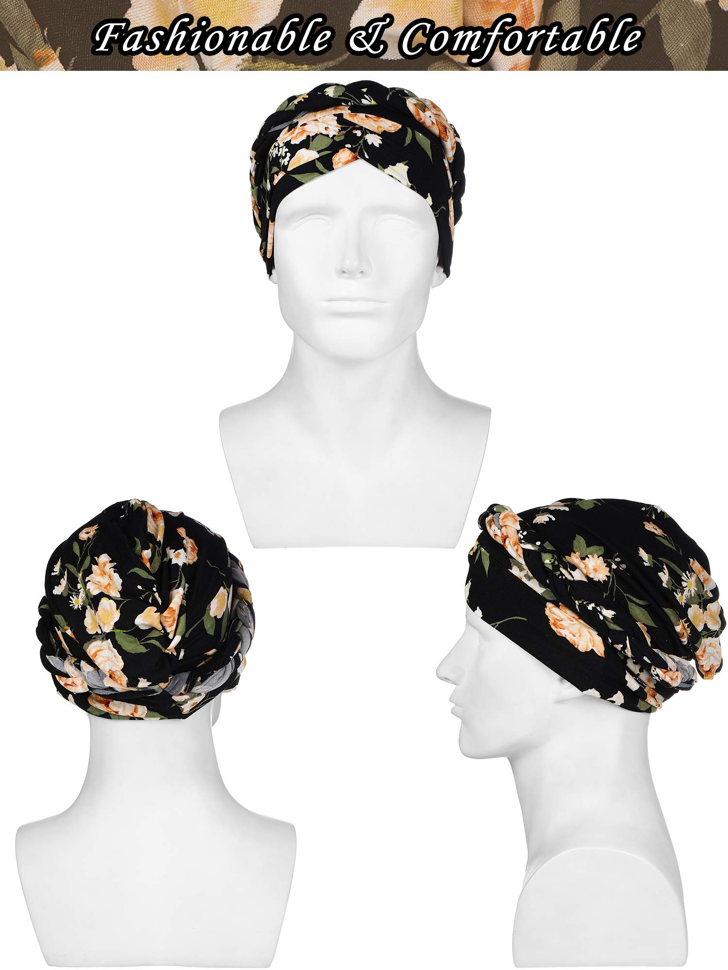 3 Pieces Women Turban Head Wrap Pre-Tied Bonnet Beanie Hat Sleeping Cap Headwrap (Retro Pattern) Multicoloured