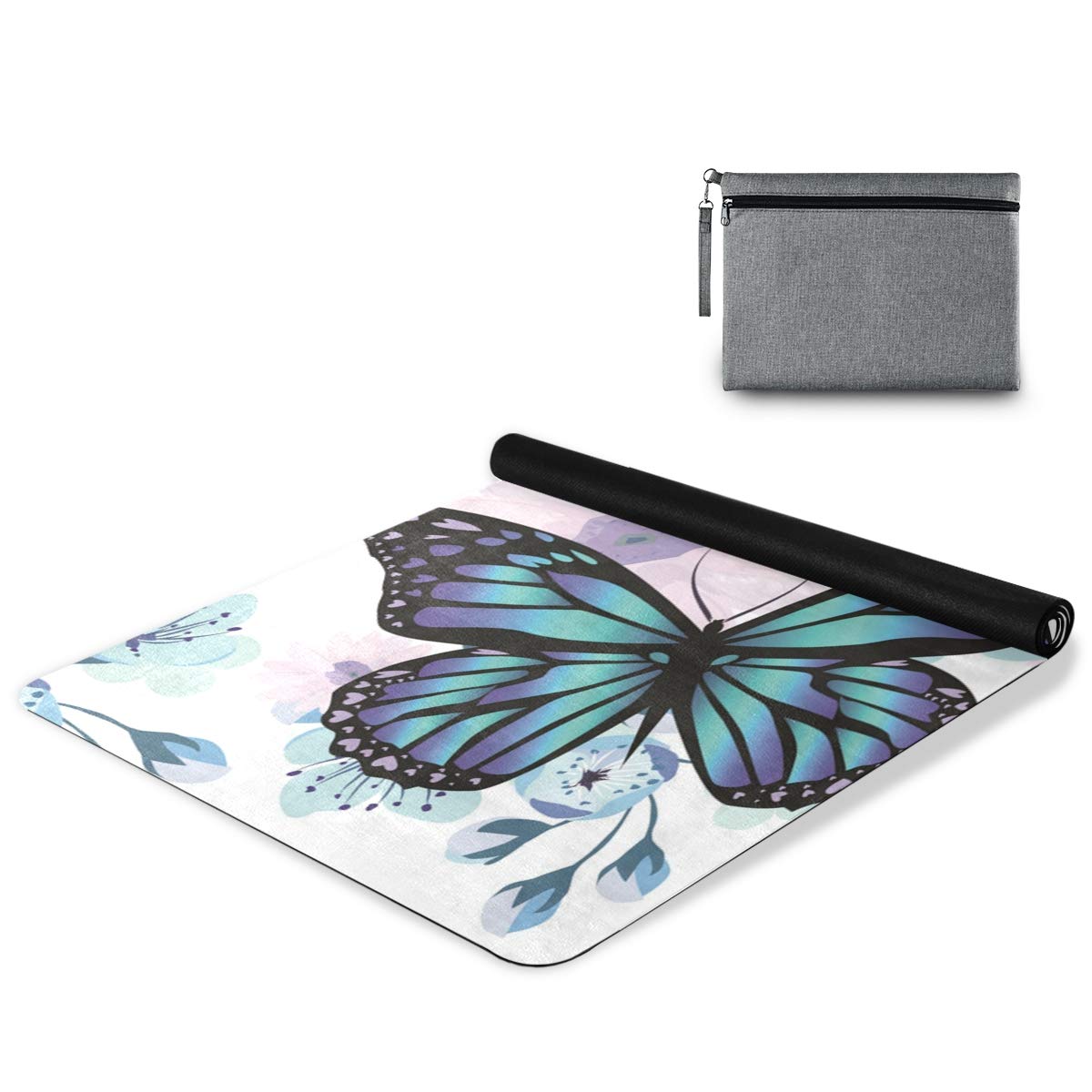 MOYYO Beautiful Flowers Butterfly Yoga Mat Printed Suede Natural Rubber Thin Hot Yoga Mat Non Slip Sweat Fitness Mat 71x26 Inch Portable Travel Yoga Mat for Yoga Pilates and Floor Exercises