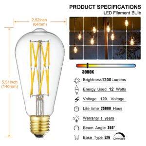 LVYE LED Edison Bulb Dimmable 12W 3000K Soft White 1200LM, 100W Equivalent E26 Medium Base, ST64 Vintage LED Bulbs, 360 Degree Beam Angle, Clear Glass, Pack of 4.