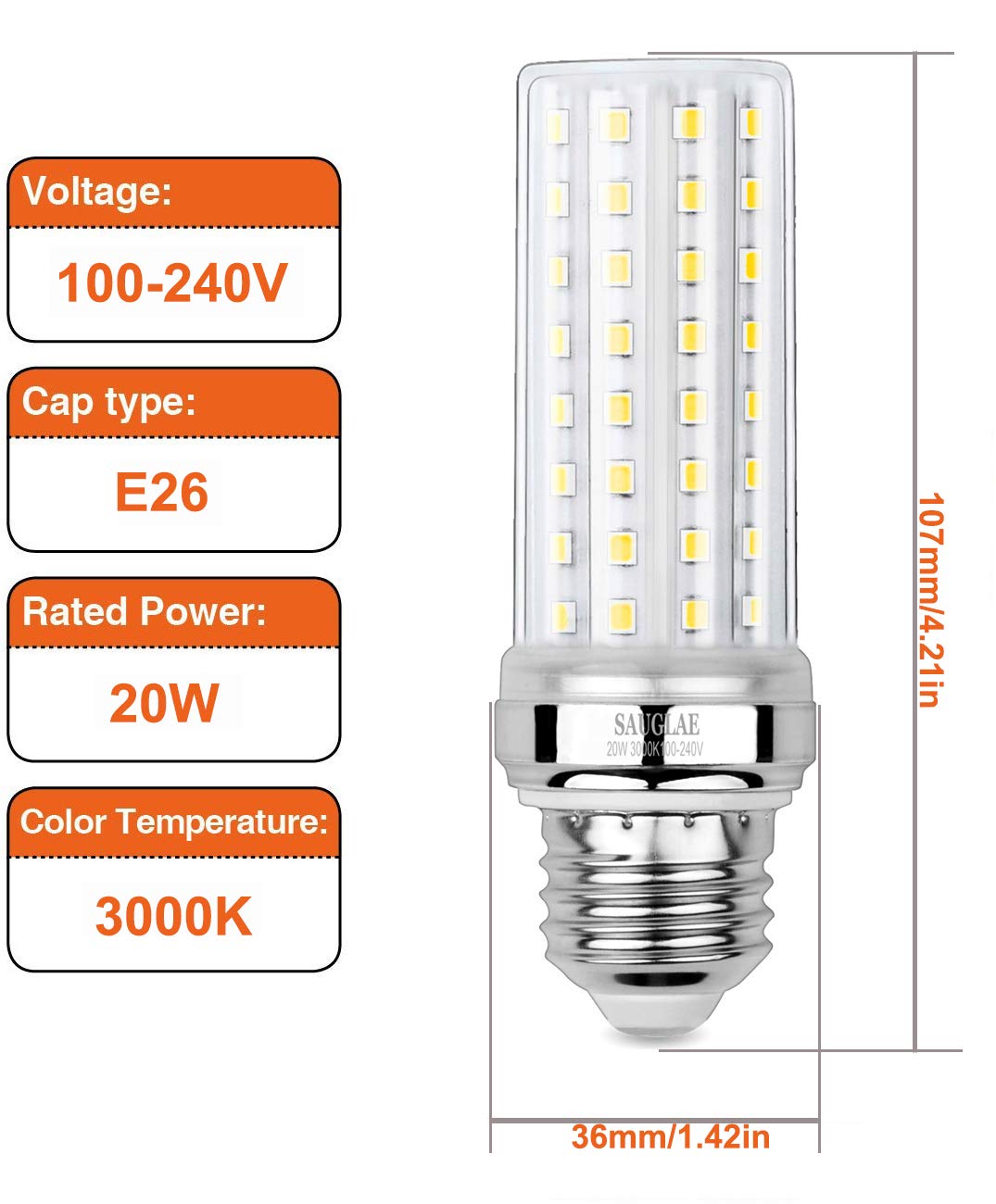 SAUGLAE 20W LED Corn Bulbs, 150W Incandescent Bulbs Equivalent, 3000K Warm White, Non-Dimmable, 2000Lm, E26 Edison Screw Light Bulbs, 3-Pack