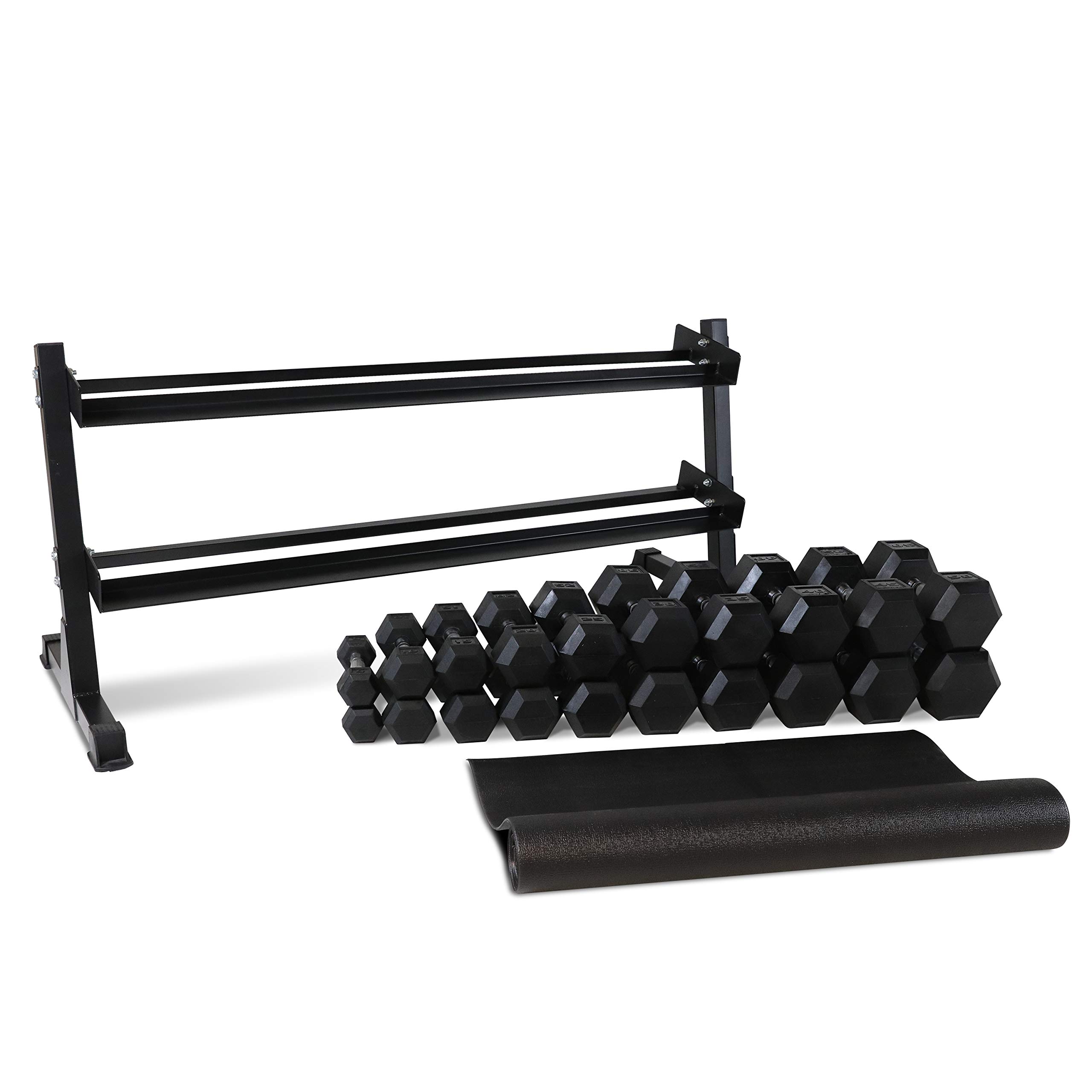 WF Athletic Supply Rubber Coated Hex Dumbbell Set, Multiple Choices Available - Dumbbells with Rack Stand and Mat, or Dumbbells Only (200/550/1200/2100/3000 LB) (d. 5-50LB w/ 2-tier Rack and Mat)